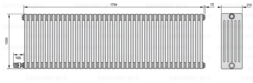 Схема (чертеж) Радиатор Zehnder Charleston 6100/39 №V004 Белый глянцевый RAL 9016